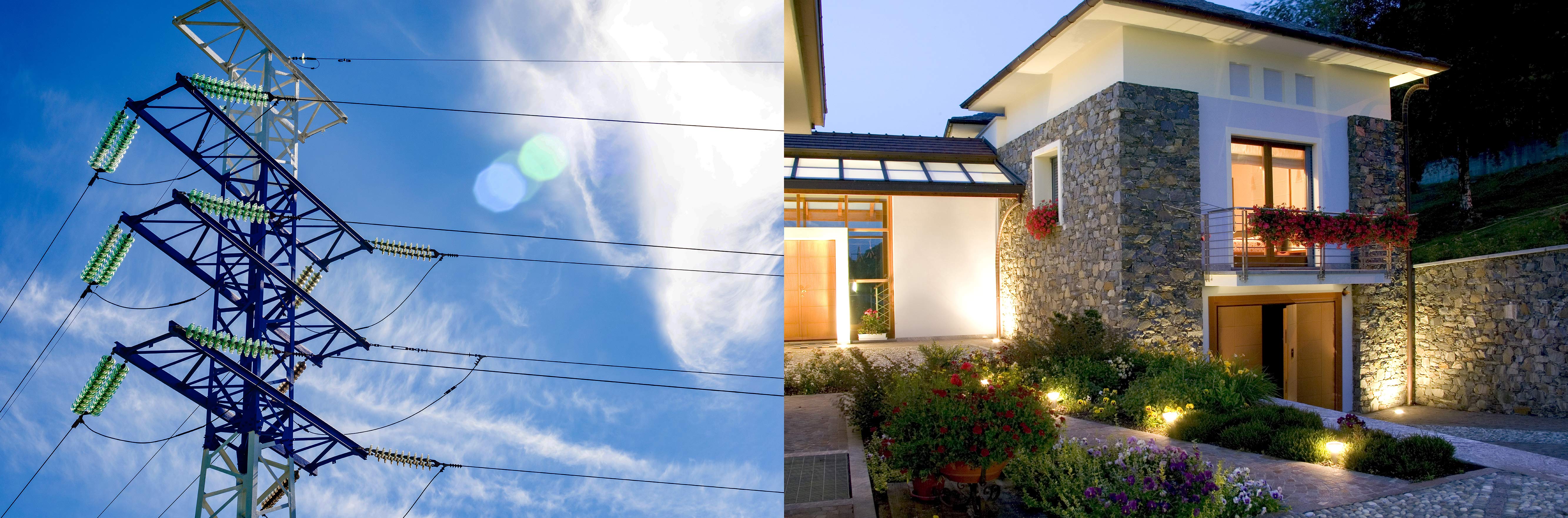 high voltage electric power pylons against blue sky | contemporary new constuction single family home at dusk, showing interior and exterior landscape lighting